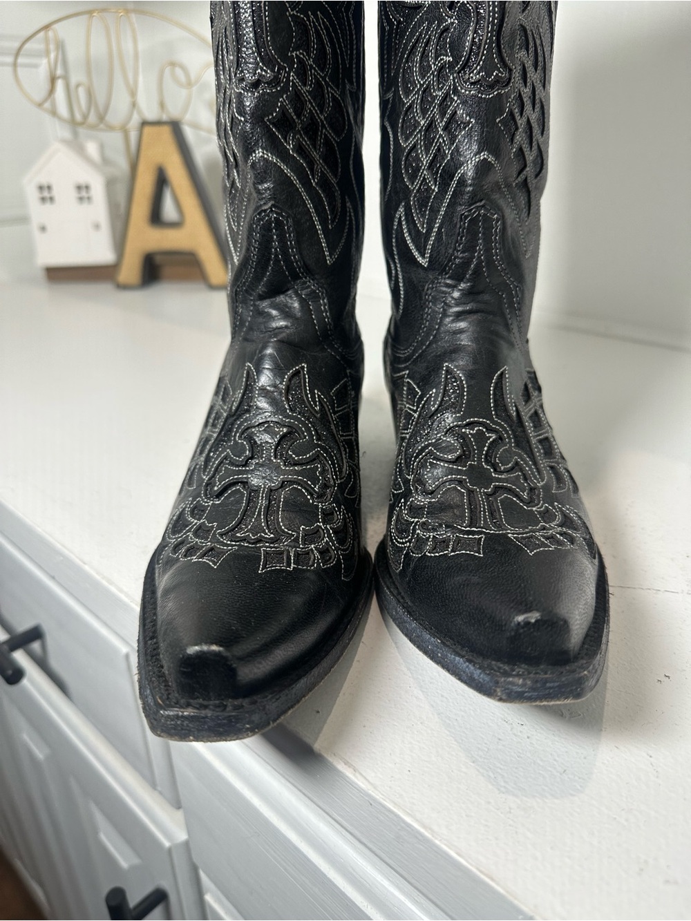 Cavender's Cowboy Boots Womens 7 Black Leather Western Cowgirl Boots Embroidered - Picture 4 of 10